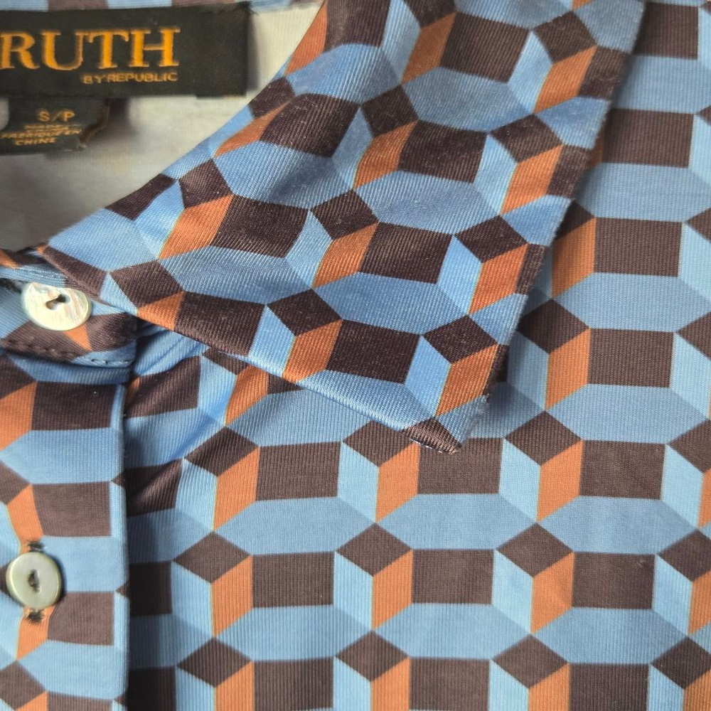 Women's Truth by Republic Button Down Shirt SP Blue Brown Geometric - Picture 7 of 11